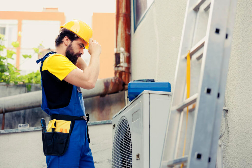 A man in overalls and a hard hat stands beside an air conditioner, ready for maintenance work.
