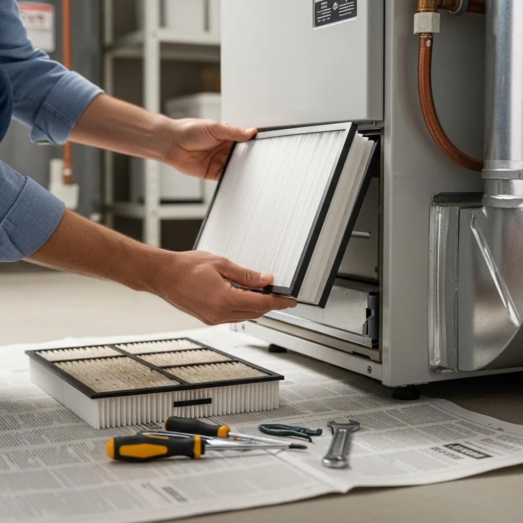 Changing a furnace filter as part of routine home maintenance